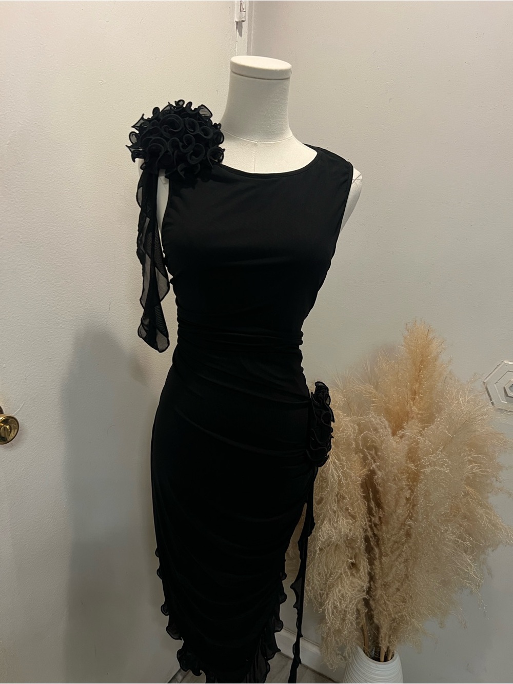 SHEIN Black Ruffle-Embellished Midi Dress